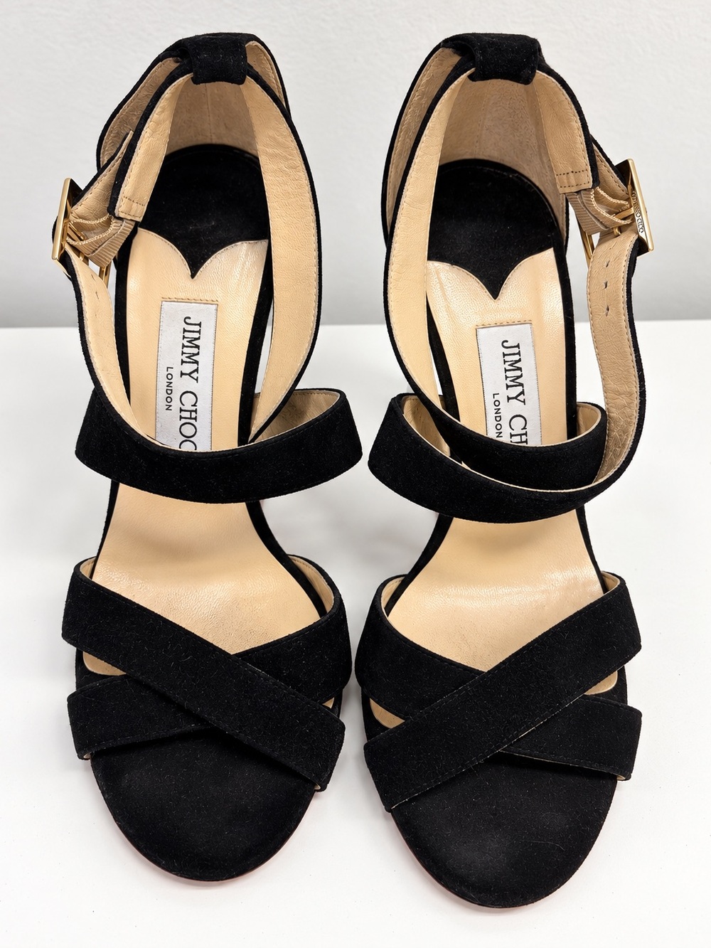 Jimmy Choo Black Suede Strappy High Heels with Gold Buckle